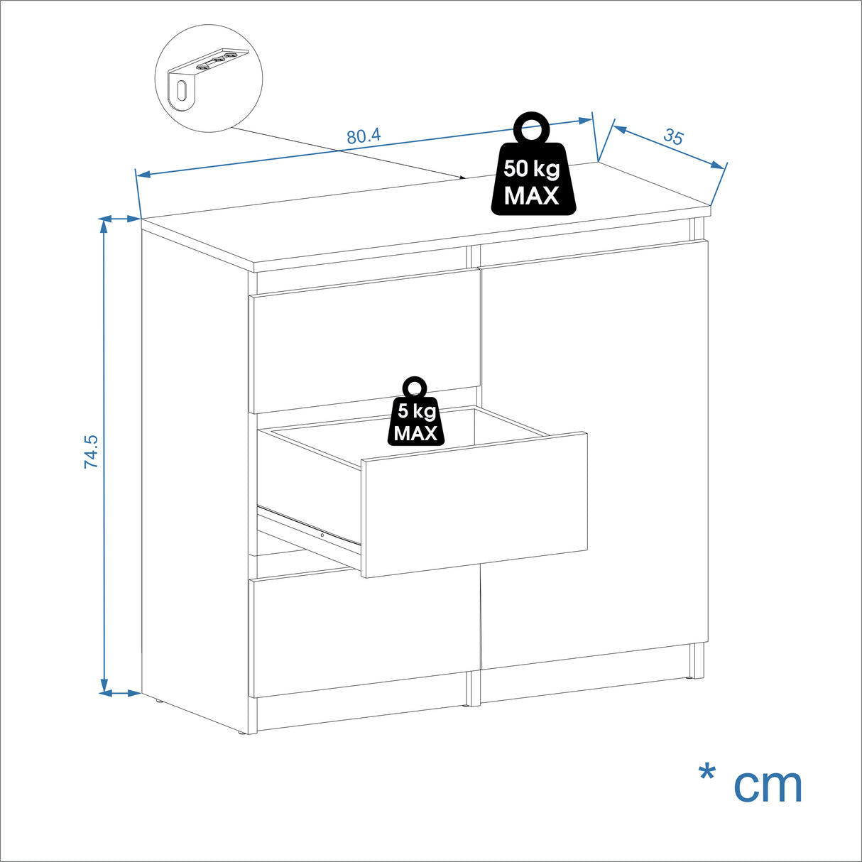 Kommode mit 3 Schubladen und 1 Tür | PIKO