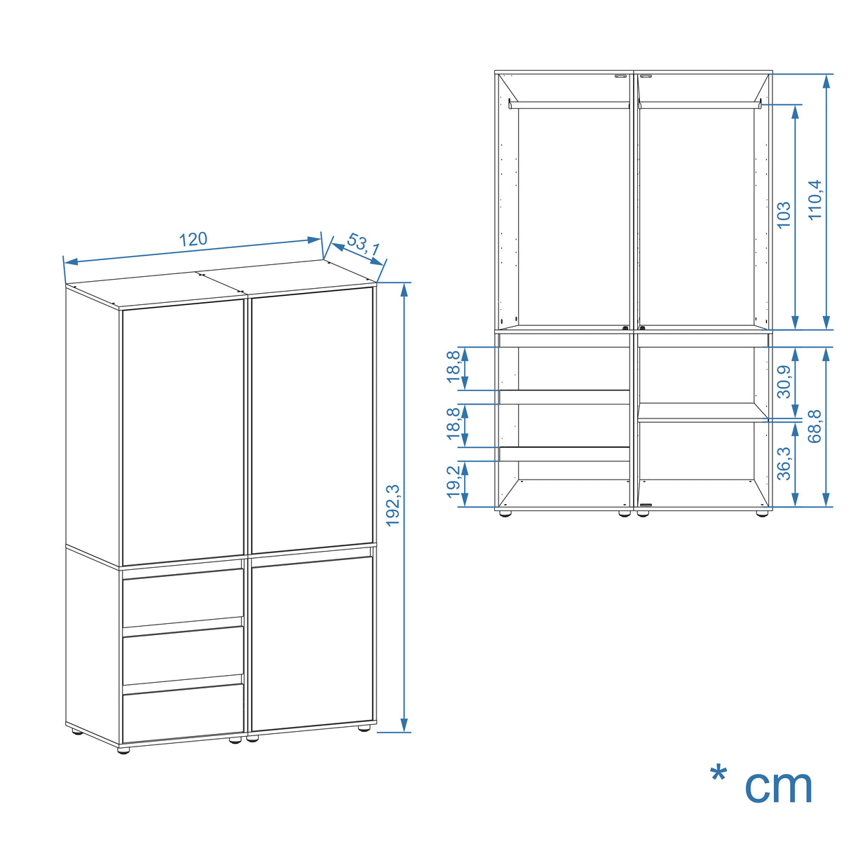 Kleiderschrank Groß mit 3-türig & 3 Schubladen | CUBE 120