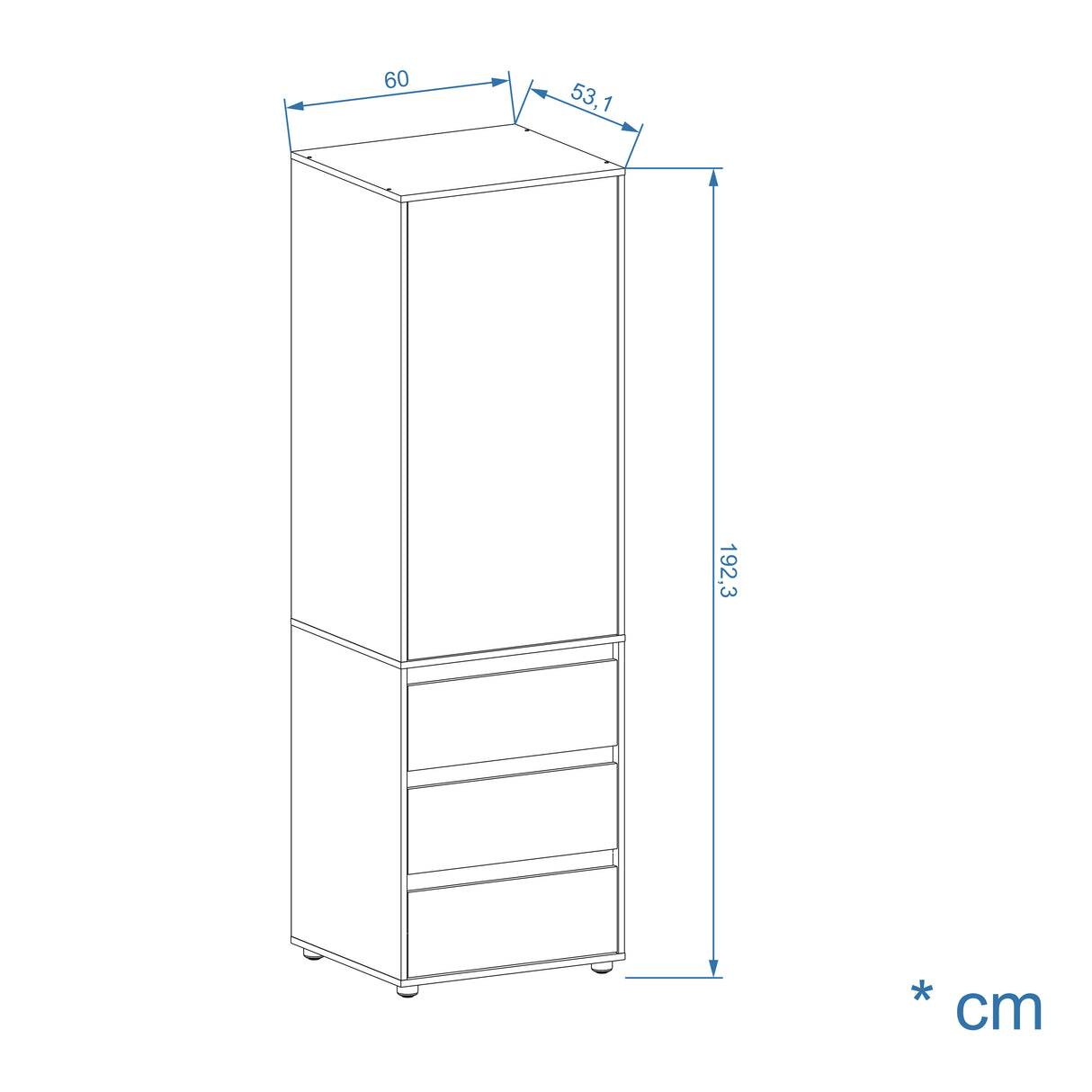 Kleiderschrank Klein mit 1-türig & 3 Schubladen | CUBE 60S