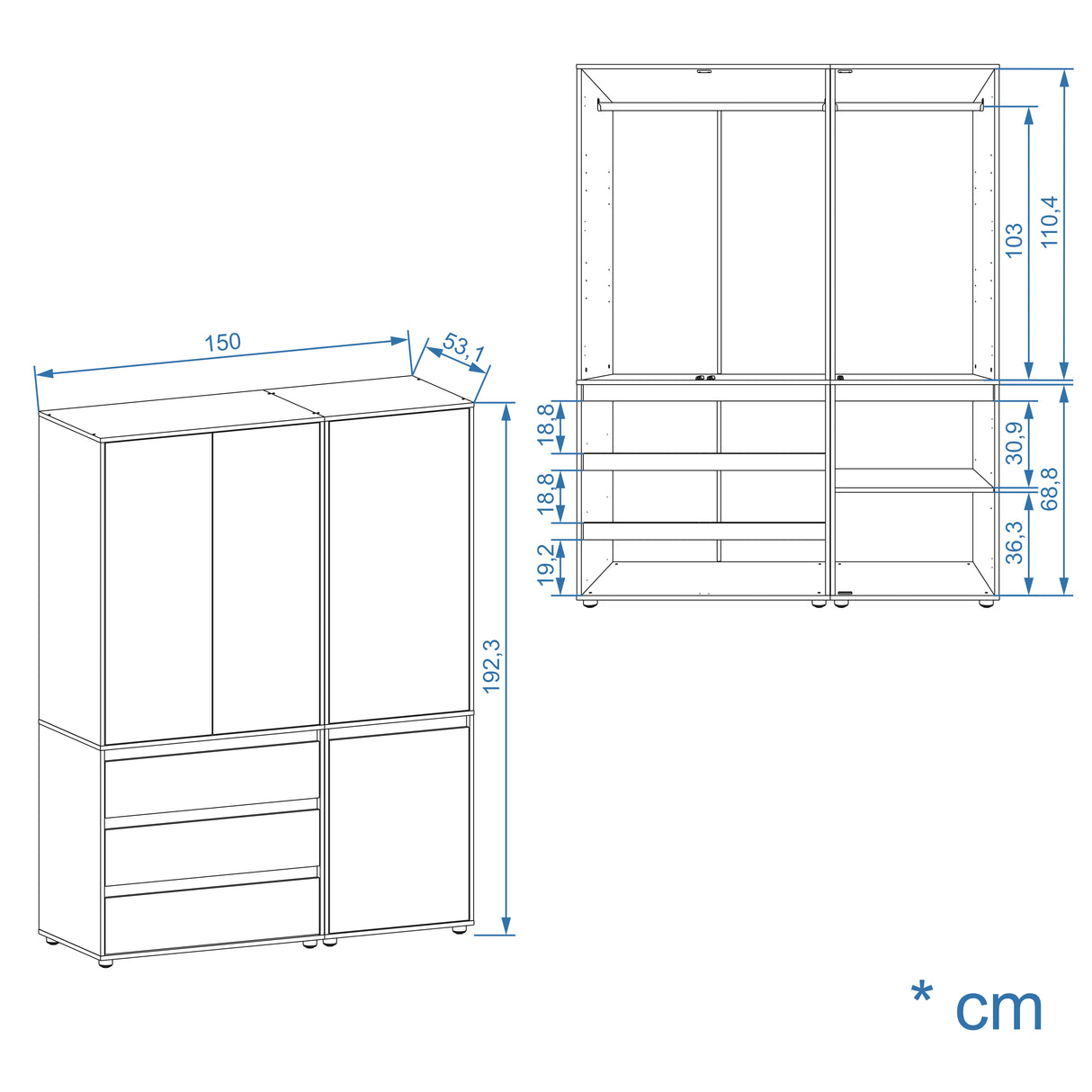 Kleiderschrank Groß mit 4-türig & 3 Schubladen | CUBE 150