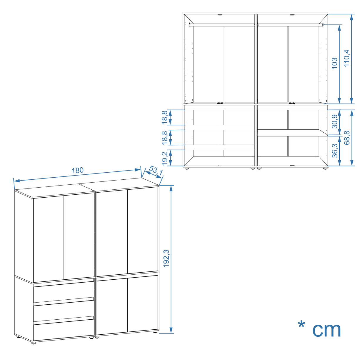 Kleiderschrank Groß mit 6-türig & 3 Schubladen | CUBE 180