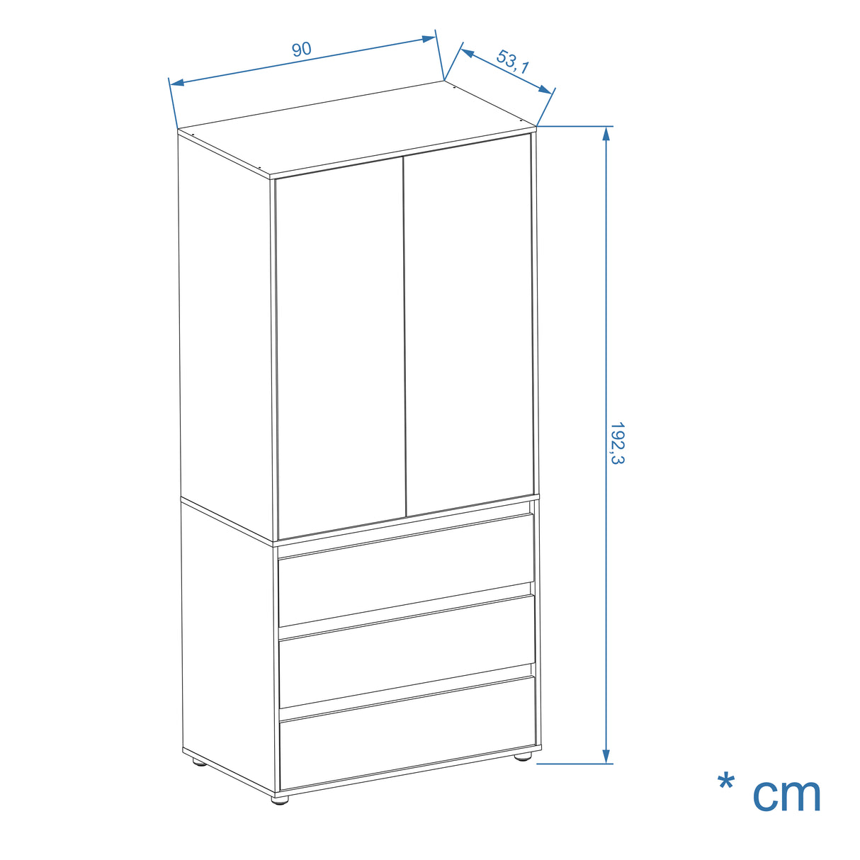Kleiderschrank Klein mit 2-türig & 3 Schubladen | CUBE 90S