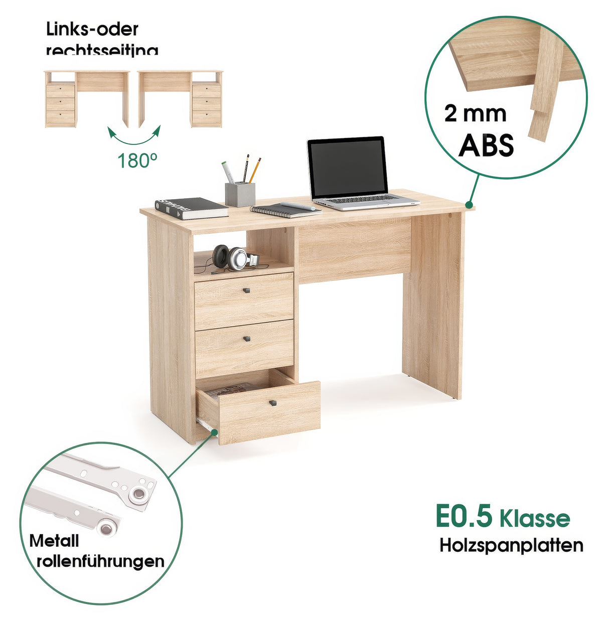 Schreibtisch mit 3 Schubladen | Oslo 110H