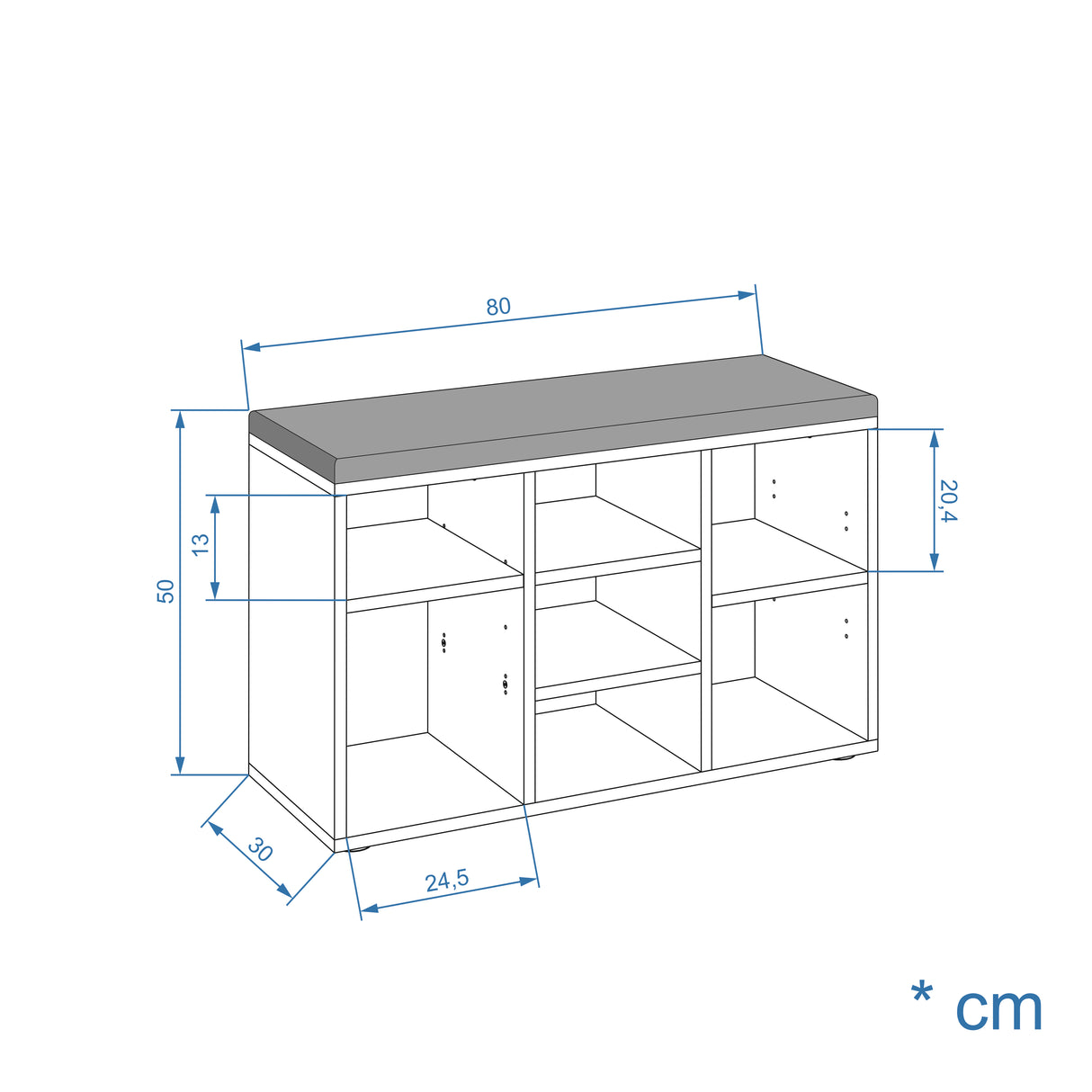 Schuhbank mit Sitzfläche mit 9 verstellbaren Fächern | Sofia 80