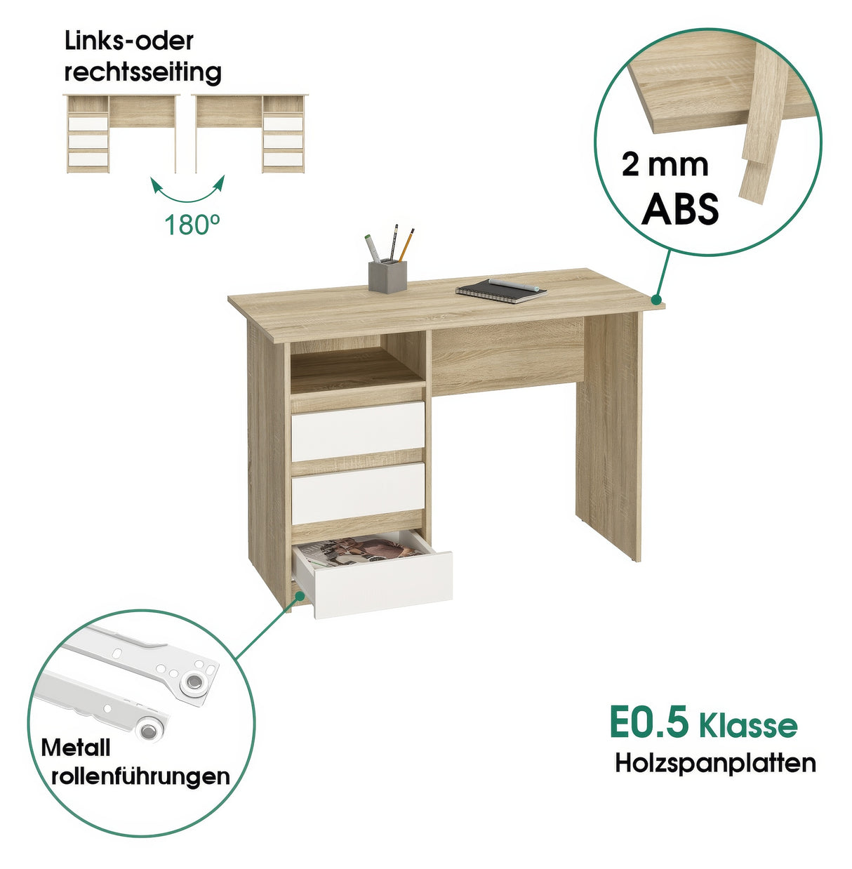 Schreibtisch mit 3 Schubladen | Oslo 110