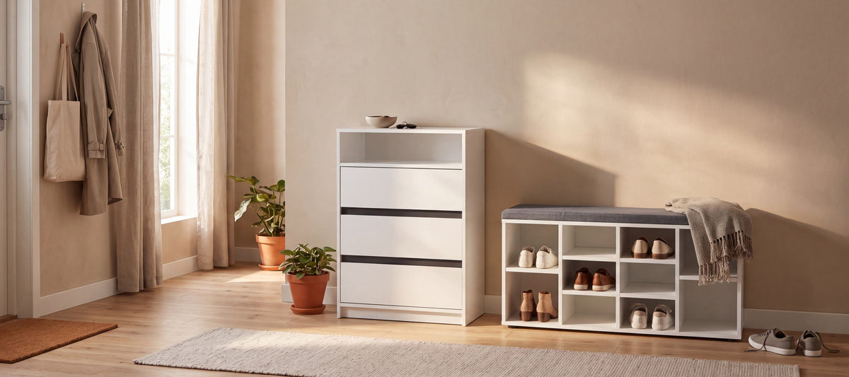 Bright hallway with a white chest of drawers and a shoe bench