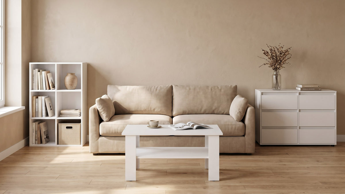 Living room with a white cube shelf, coffee table and chest of drawers