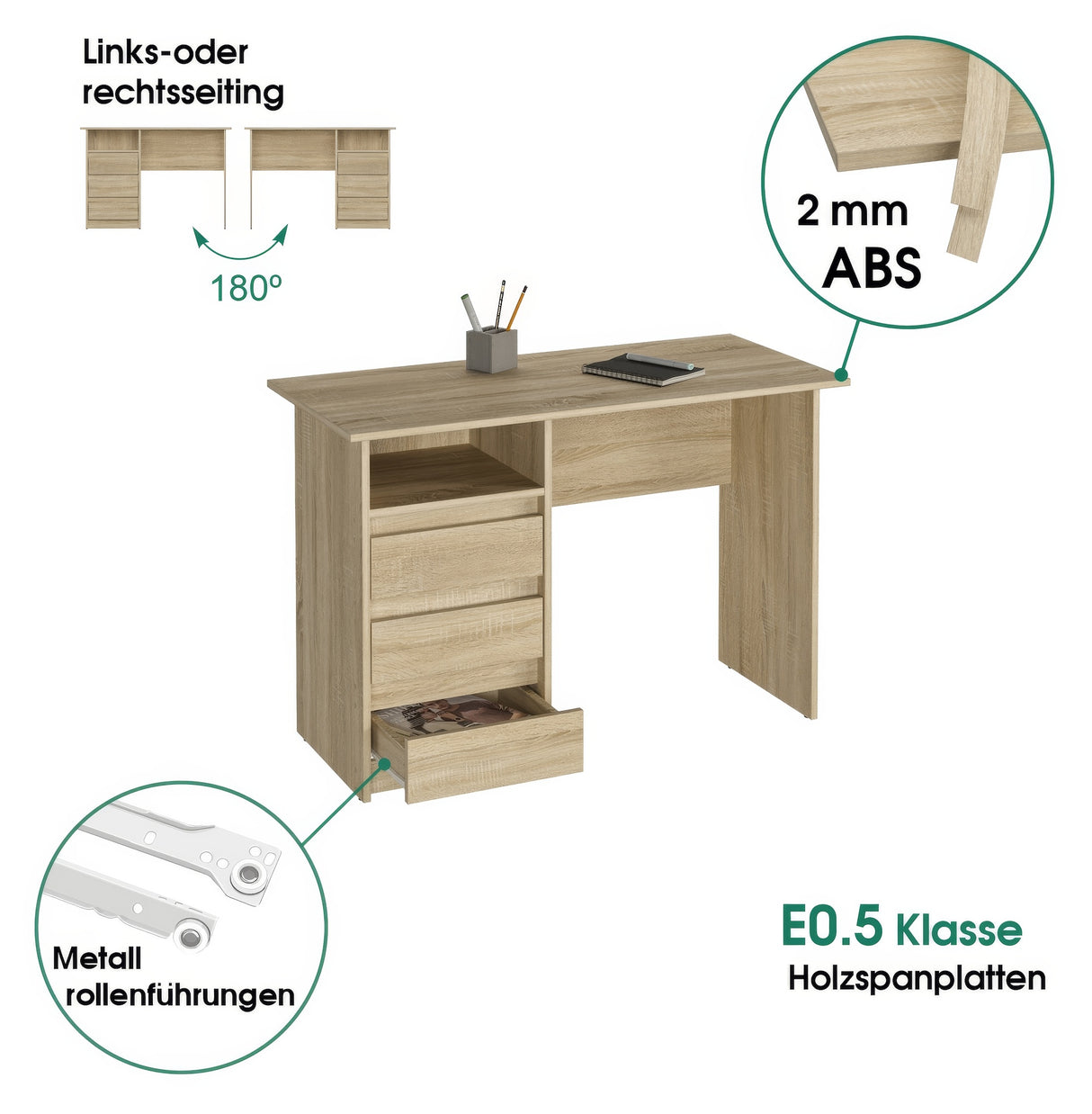 Schreibtisch mit 3 Schubladen | Oslo 110